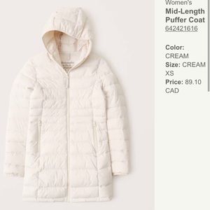 Lightweight Mid-Length Abercrombie Puffer Coat in Cream